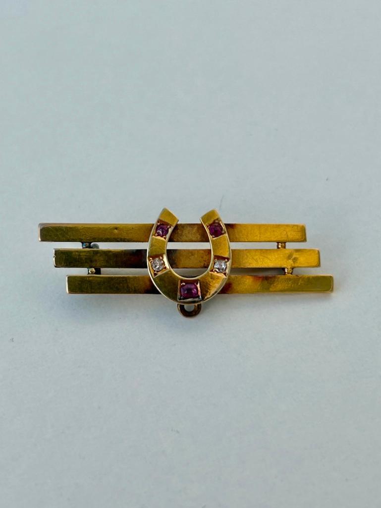 Antique 15ct Yellow Gold Ruby and Diamond Horse Shoe Brooch - Image 2 of 5