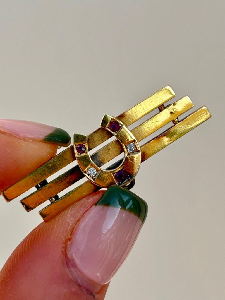 Antique 15ct Yellow Gold Ruby and Diamond Horse Shoe Brooch