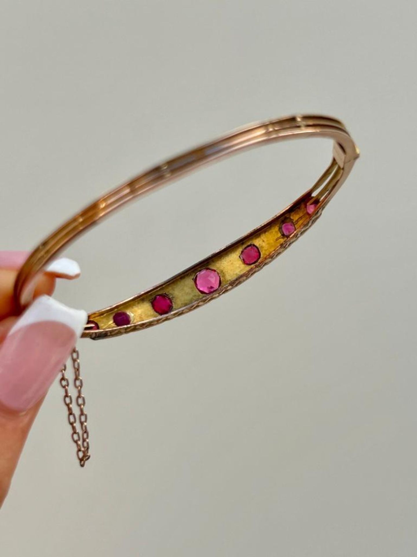 Antique Gold Pink Tourmaline and Diamond Bangle Bracelet - Image 7 of 11