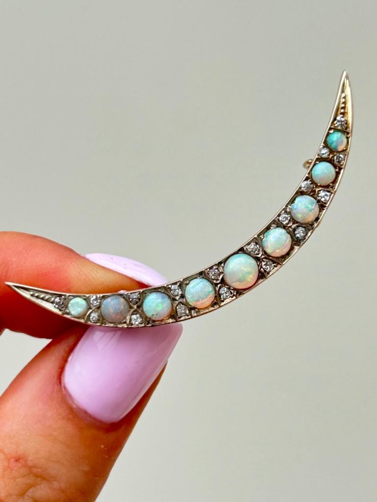 Antique Opal and Diamond Gold Crescent Brooch