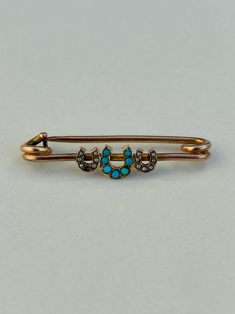 Antique Turquoise and Pearl Gold Safety Pin Triple Horseshoe - Image 4 of 5