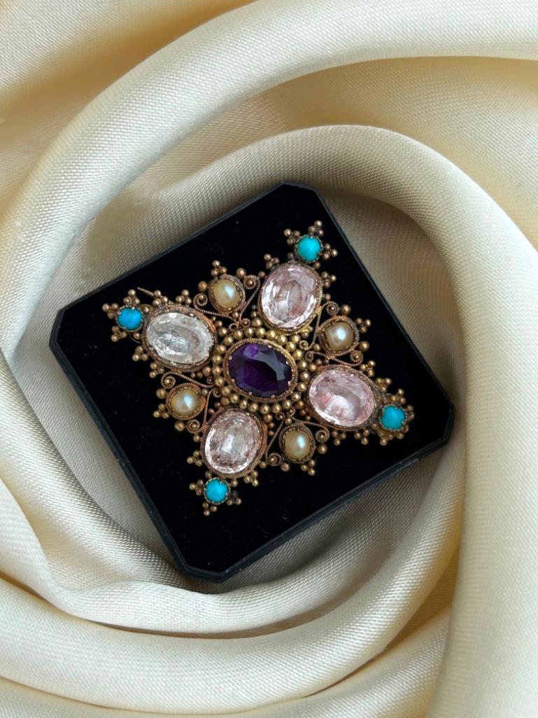 Georgian Pink Topaz, Amethyst, Pearl and Turquoise Brooch - Image 4 of 5