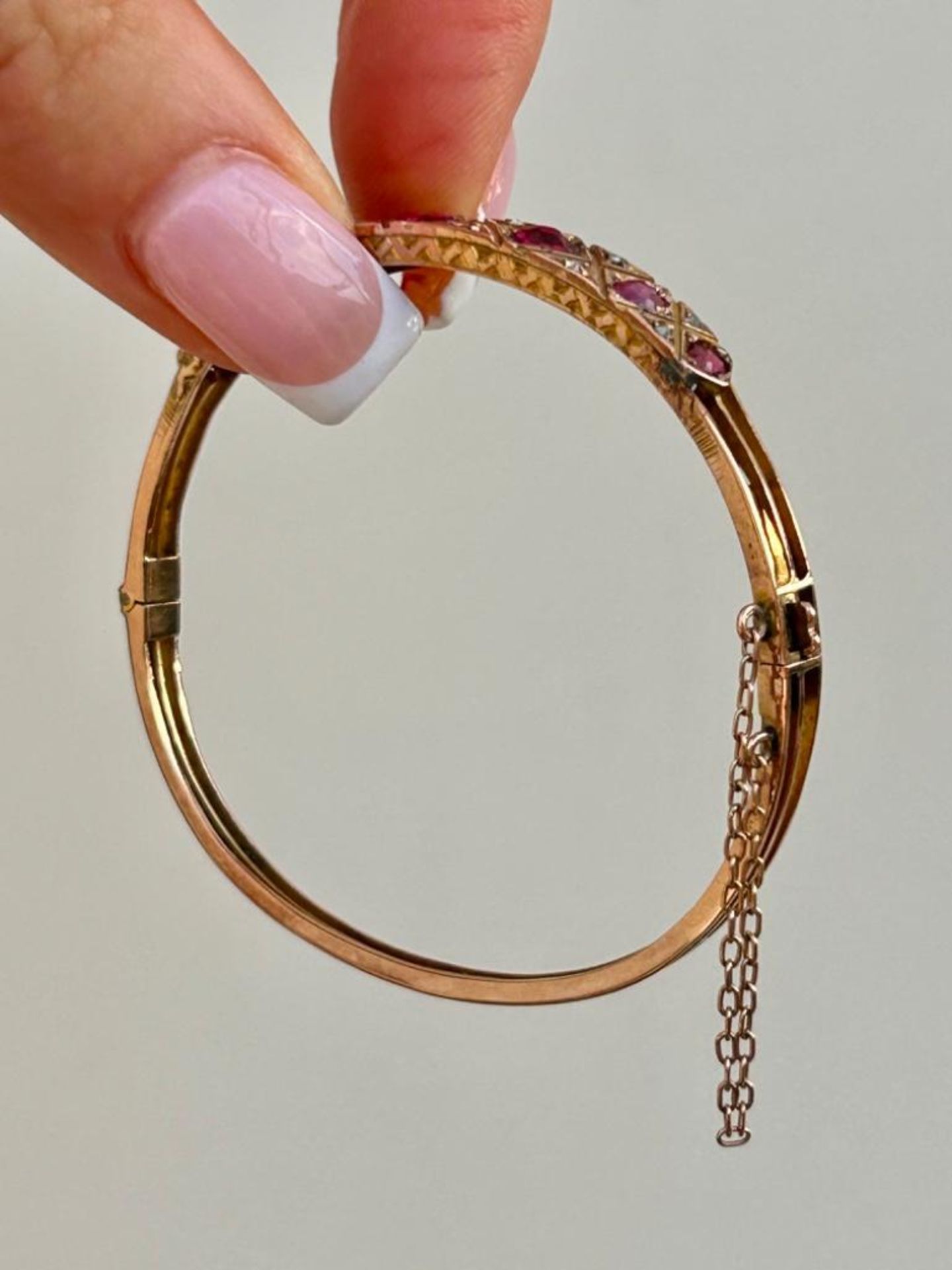 Antique Gold Pink Tourmaline and Diamond Bangle Bracelet - Image 6 of 11