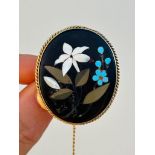 Chunky Antique Pietra Dura Gold Brooch with Locket Back and Safety Chain