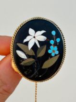 Chunky Antique Pietra Dura Gold Brooch with Locket Back and Safety Chain