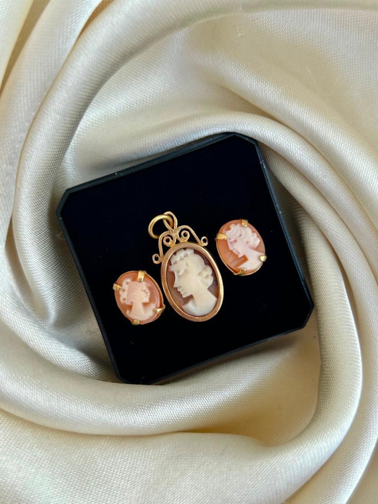 9ct Gold Cameo Earrings and Pendant Suite/Set