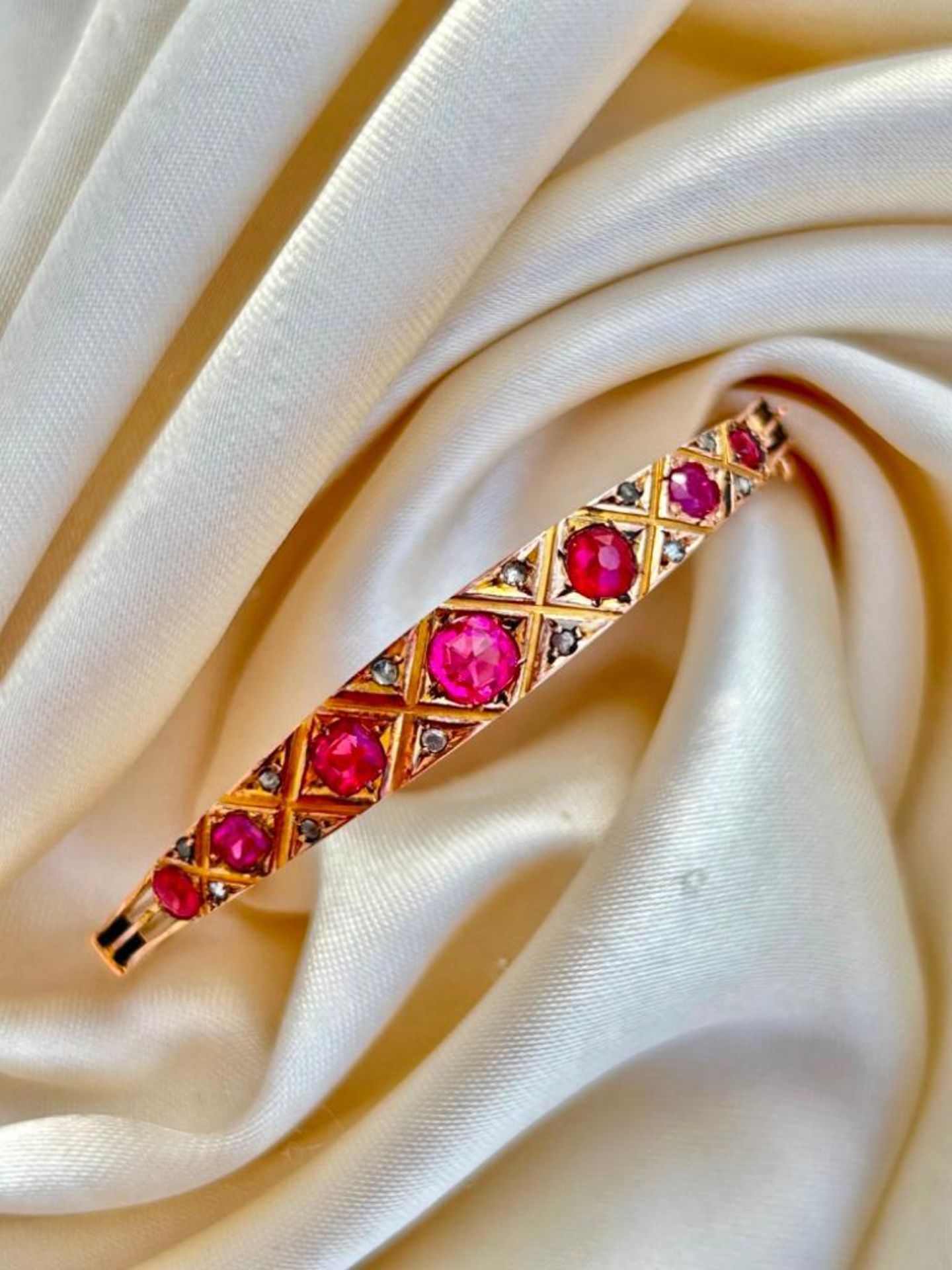 Antique Gold Pink Tourmaline and Diamond Bangle Bracelet - Image 9 of 11