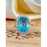 Blue Topaz and Diamond Large Cluster Ring in Gold