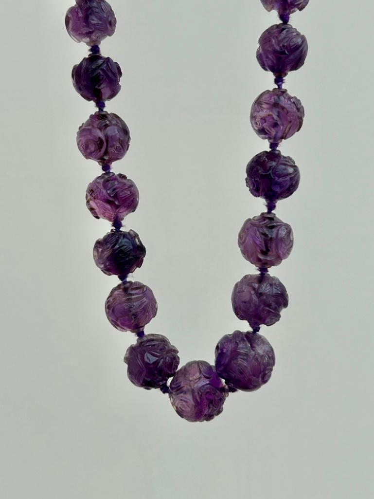 Amazing Carved Amethyst Long Bead Necklace