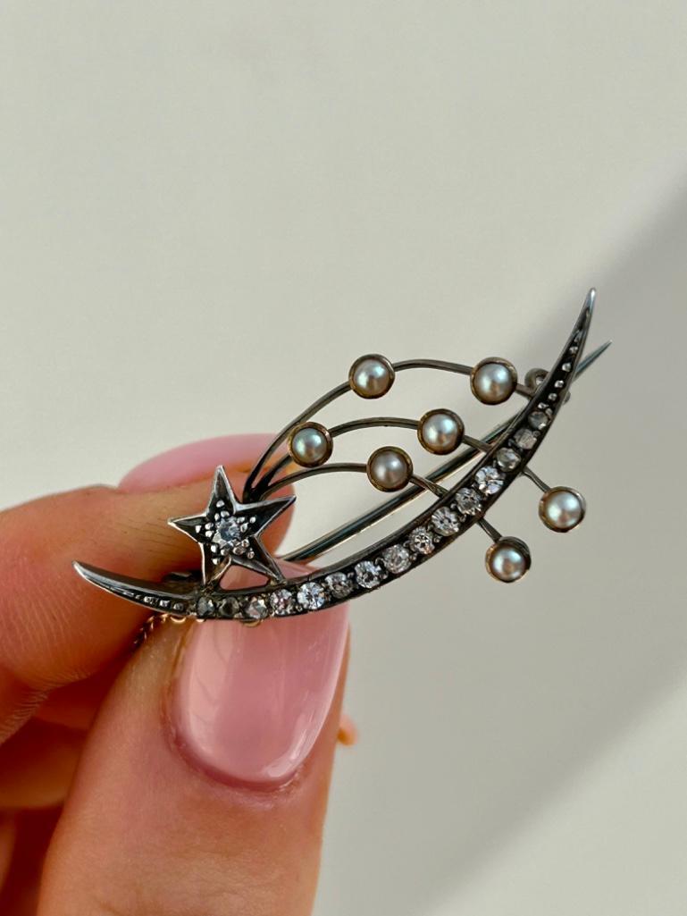 Antique Diamond & Pearl Crescent Shooting Star Lucky Brooch