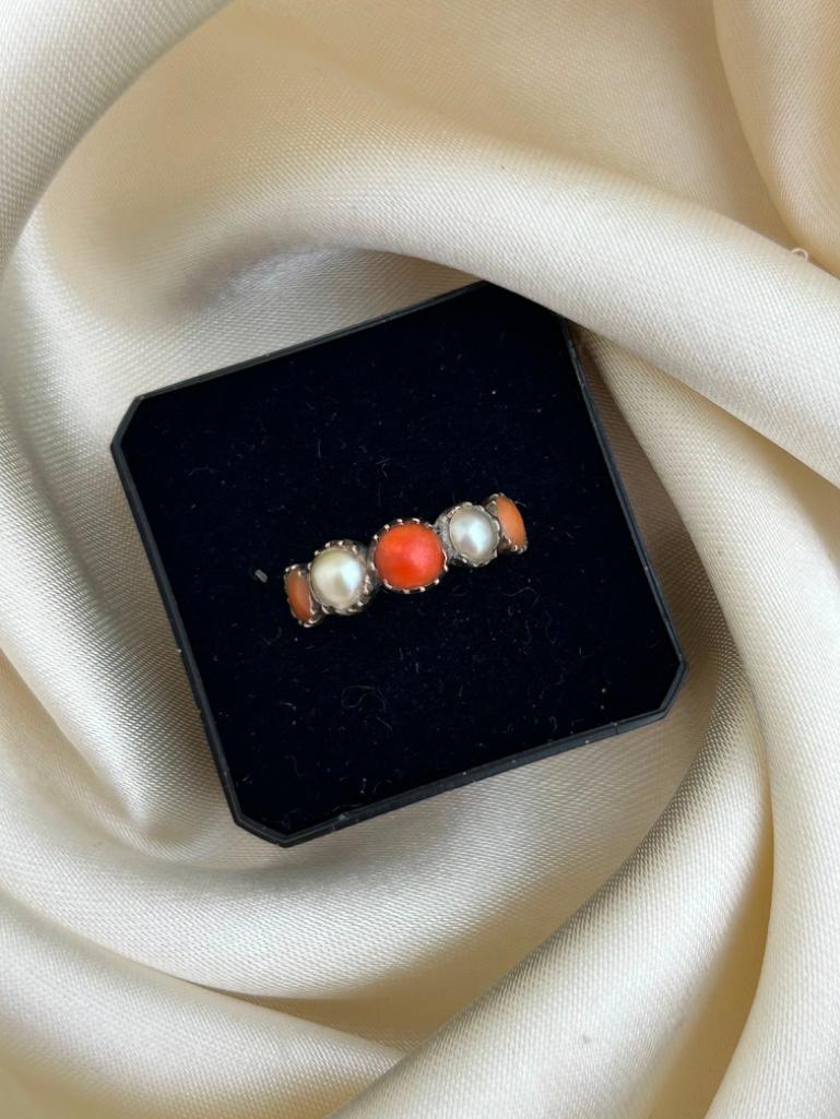 Antique Georgian Era Coral and Pearl Half Hoop Ring in Gold - Image 7 of 7