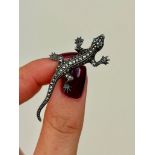 Marcasite Lizard Brooch with Green Paste Eyes in Silver