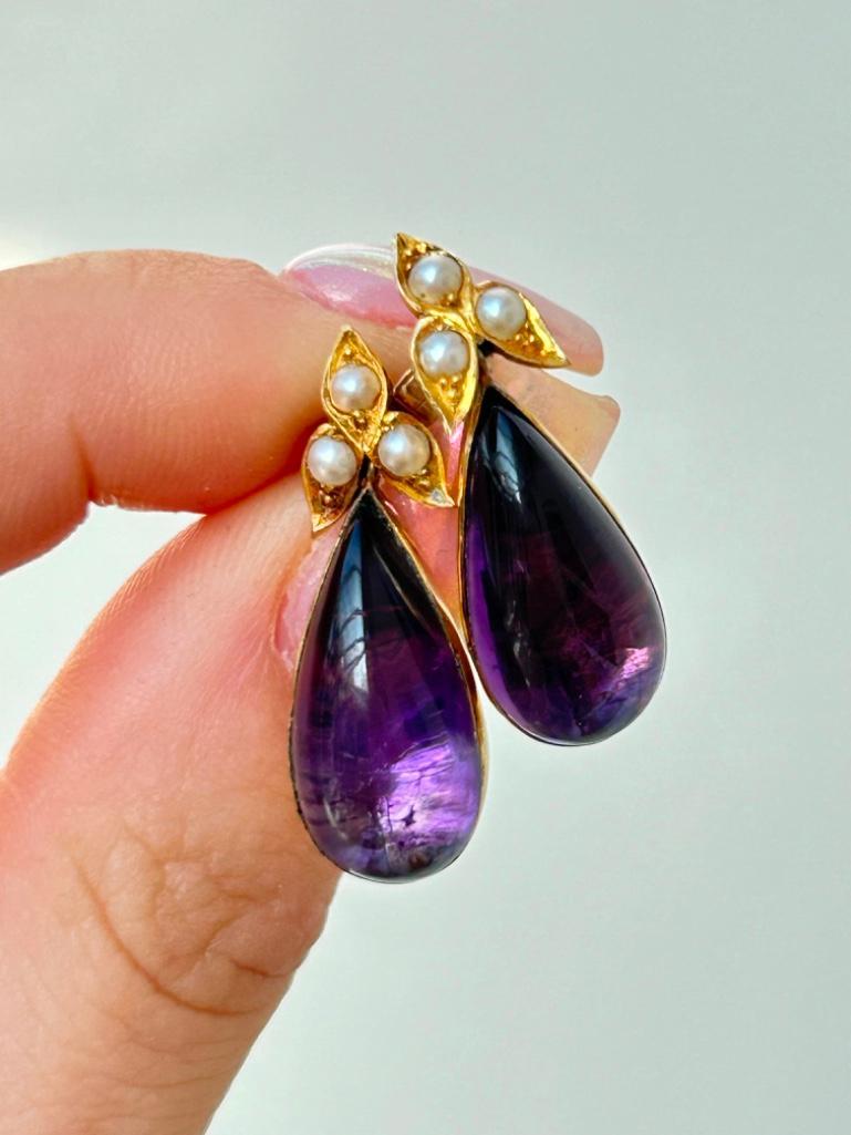 Antique Gold Cabochon Amethyst and Pearl Drop Earrings - Image 7 of 7