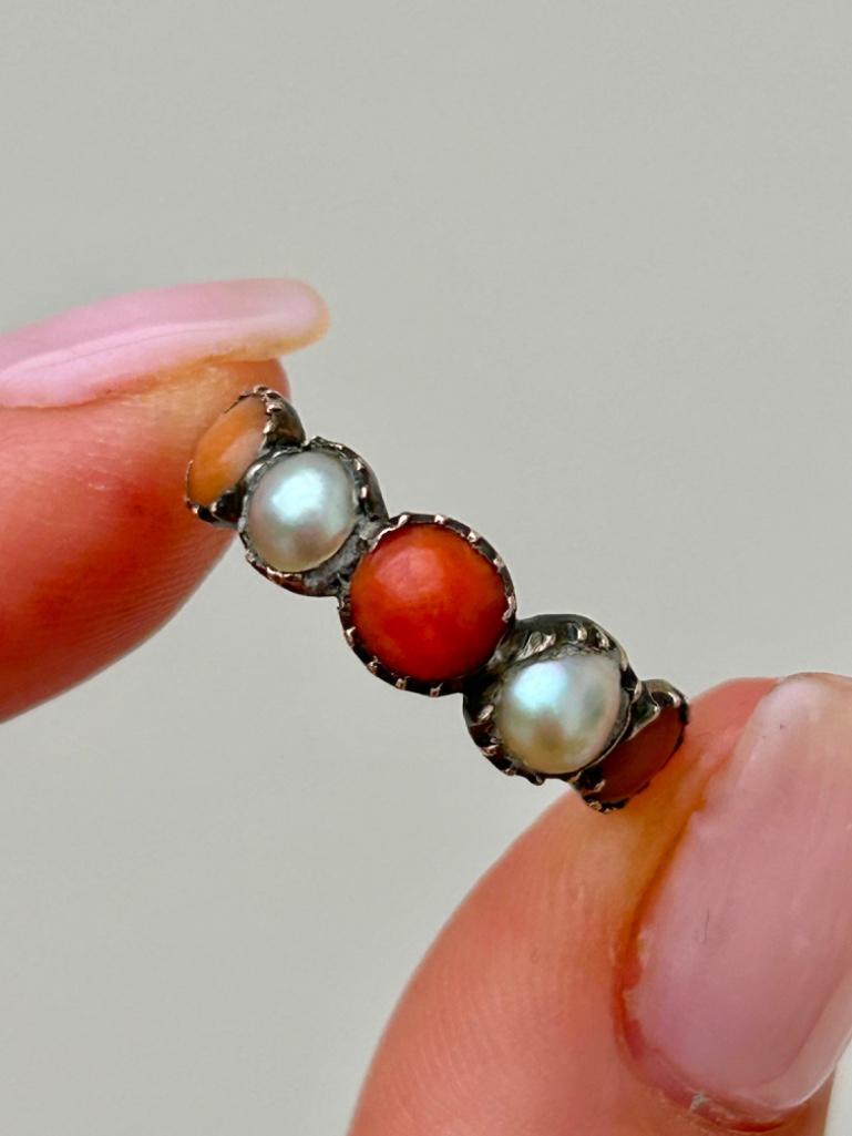 Antique Georgian Era Coral and Pearl Half Hoop Ring in Gold