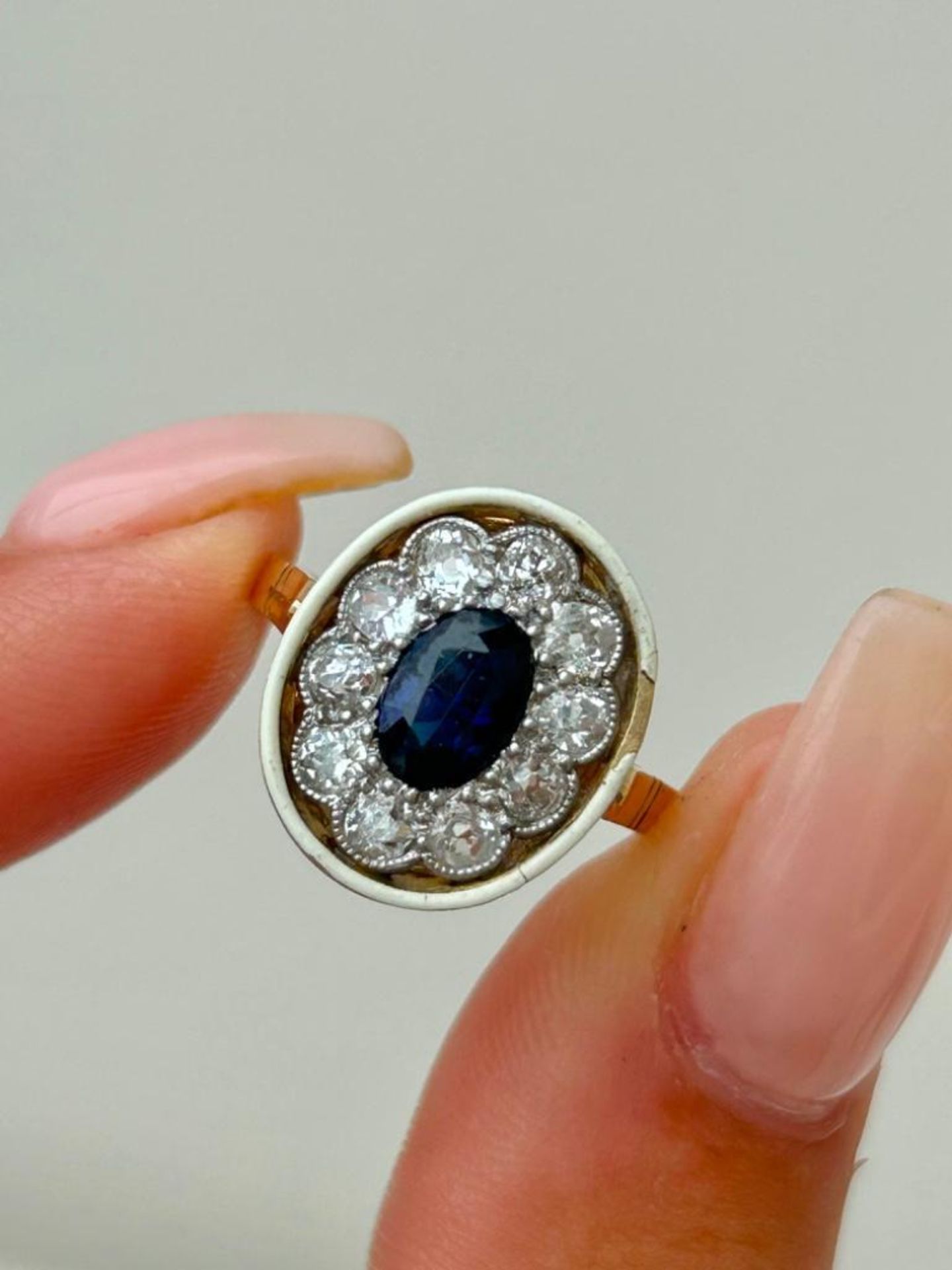 Outstanding Edwardian Sapphire Diamond and White Enamel Ring in 18ct Yellow Gold