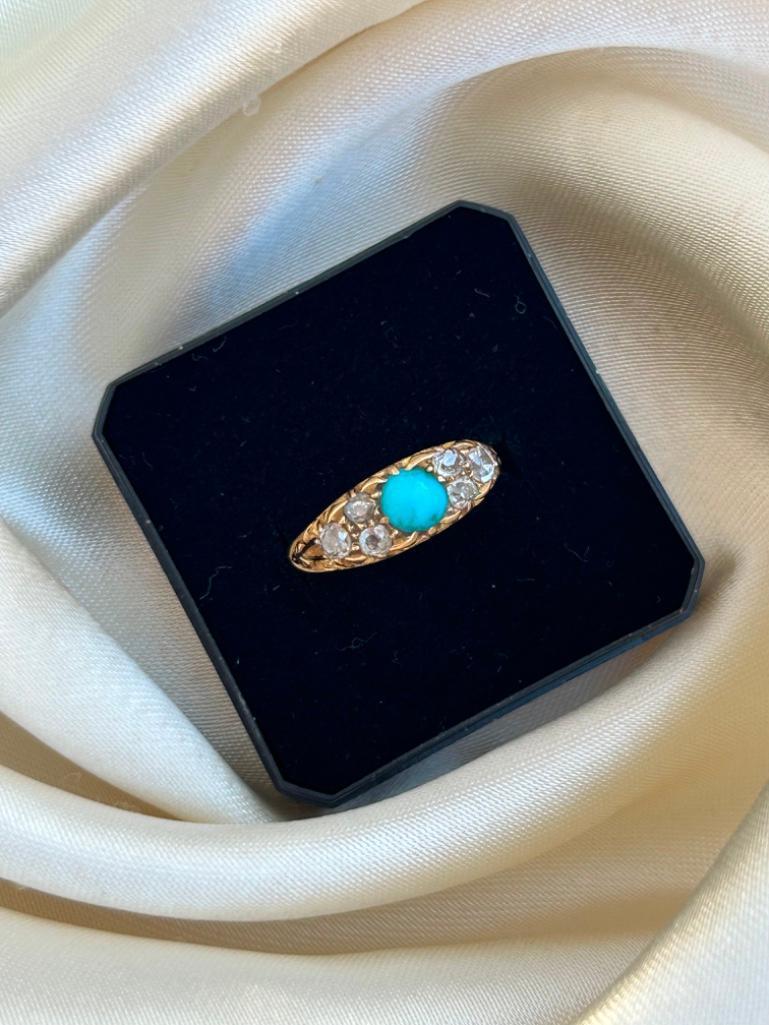 Wonderful Antique 18ct Yellow Gold Turquoise and Diamond Ring - Image 5 of 7