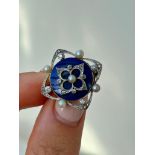 Antique Bristol Blue Glass Diamond and Pearl Locket Back Brooch