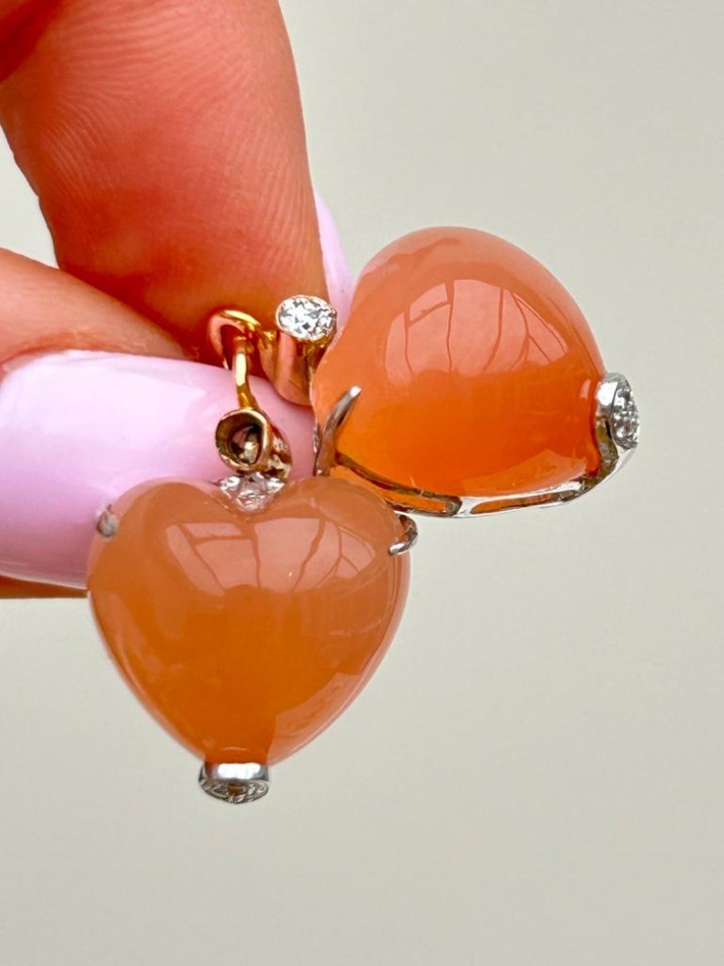 Amazing Pink Moonstone and Diamond Heart Earrings in Gold - Image 8 of 11