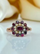 Georgian Era Flat Cut Garnet and Pearl Gold Ring