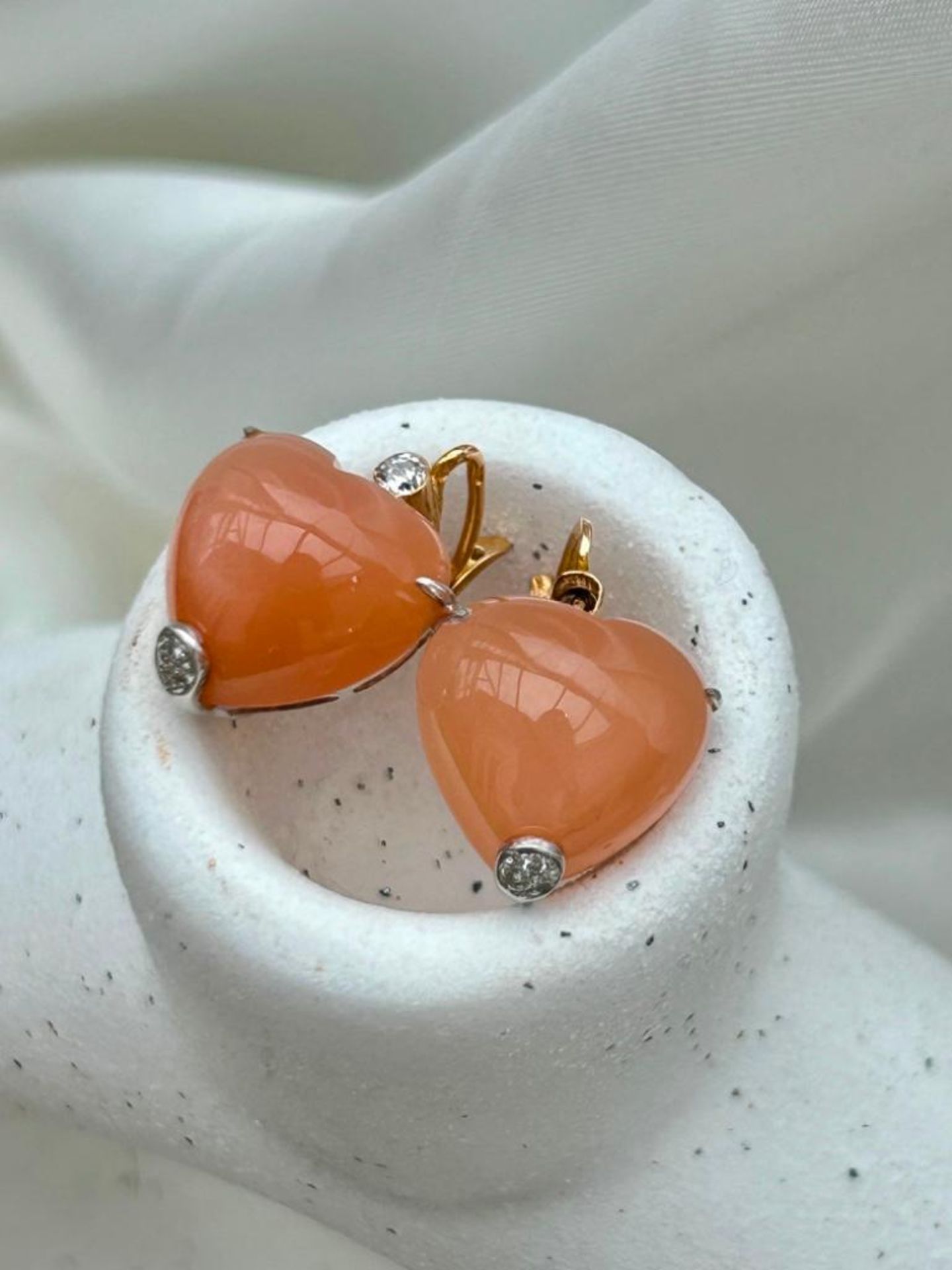 Amazing Pink Moonstone and Diamond Heart Earrings in Gold - Image 11 of 11