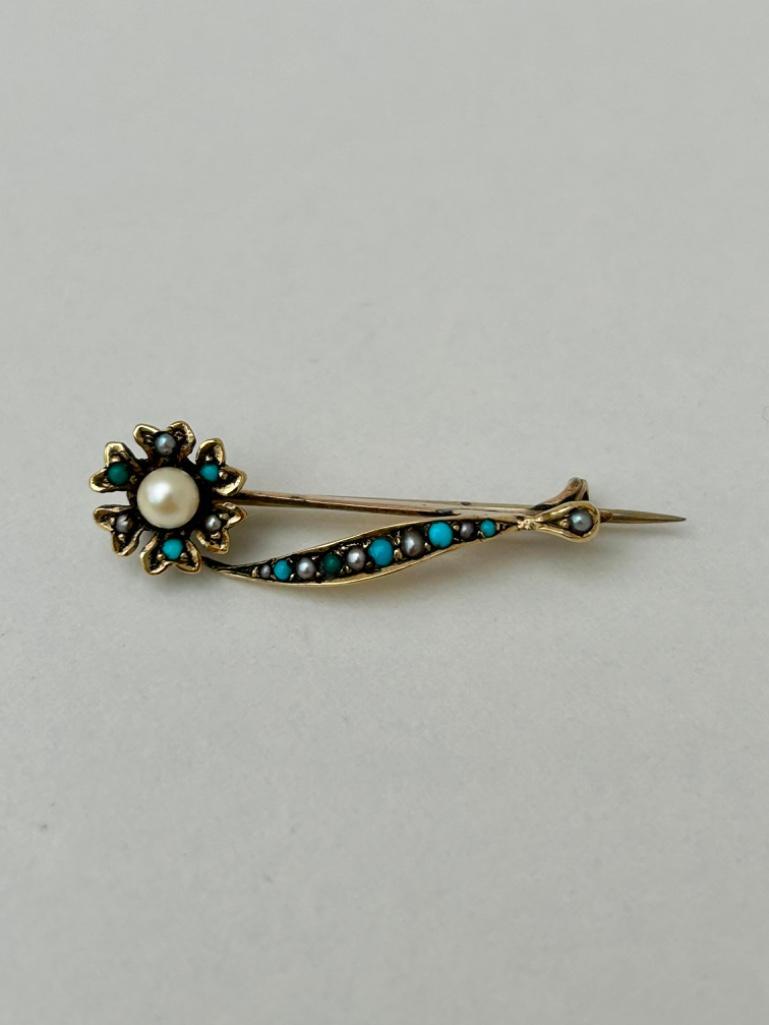 Antique Yellow Gold Turquoise and Pearl Flower Brooch - Image 3 of 5