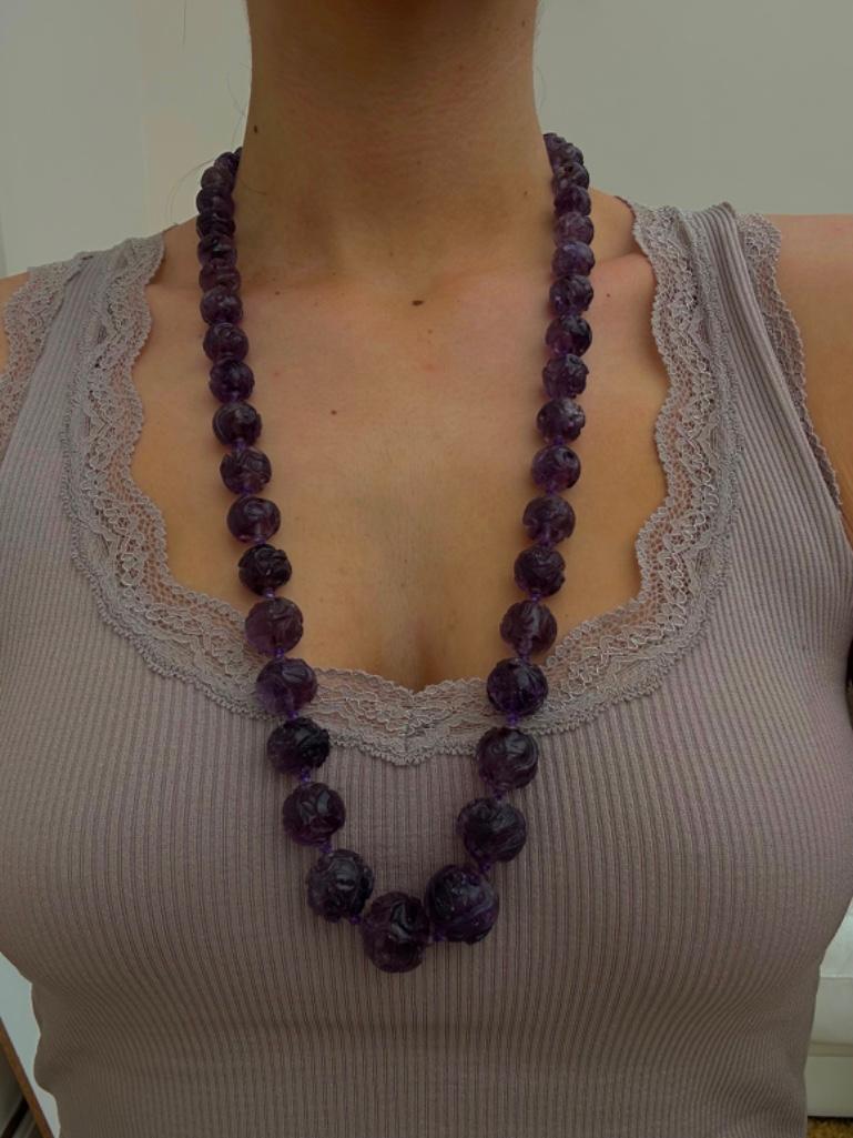 Amazing Carved Amethyst Long Bead Necklace - Image 2 of 6