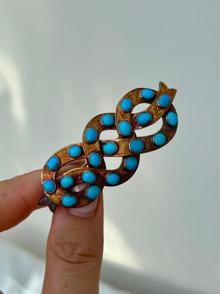 Large Antique Gold Lovers Knot Turquoise Brooch