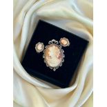 Silver and Marcasite Cameo Brooch / Earrings Suite