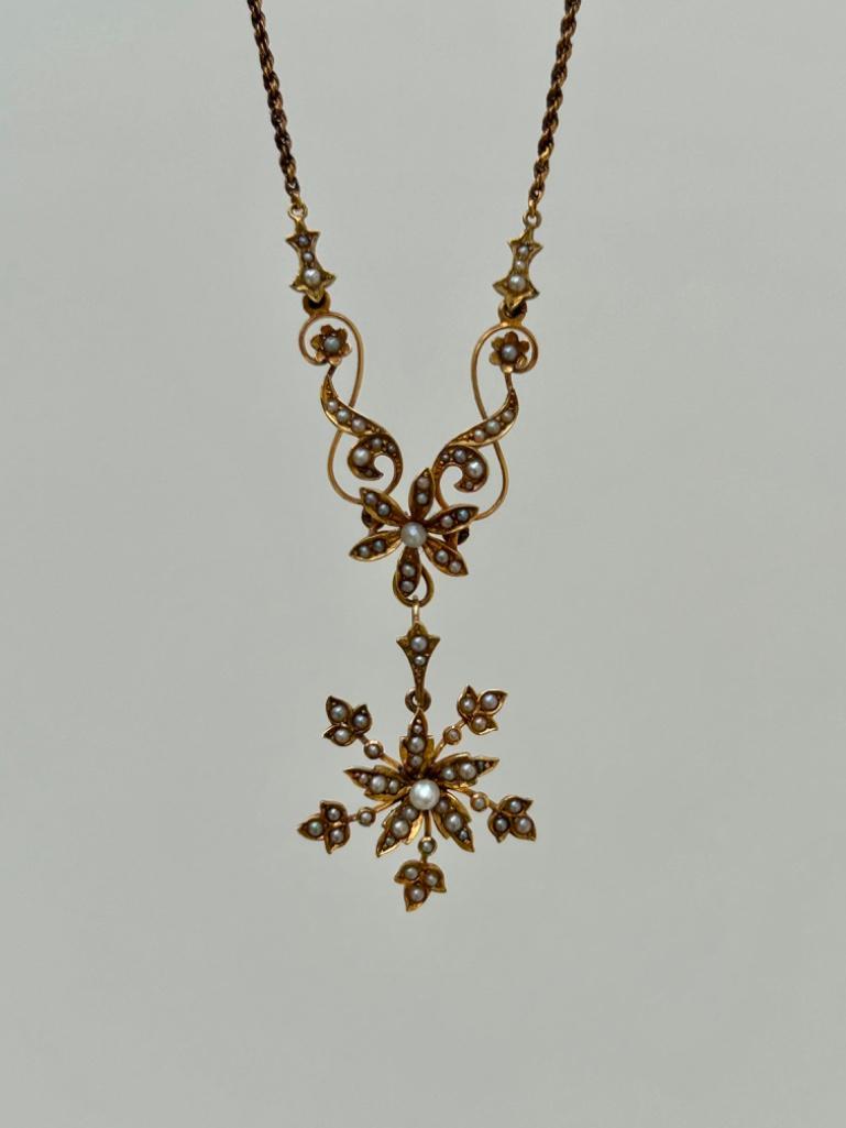 Antique 15ct Gold Pearl Flower Necklace with Detachable Pendant