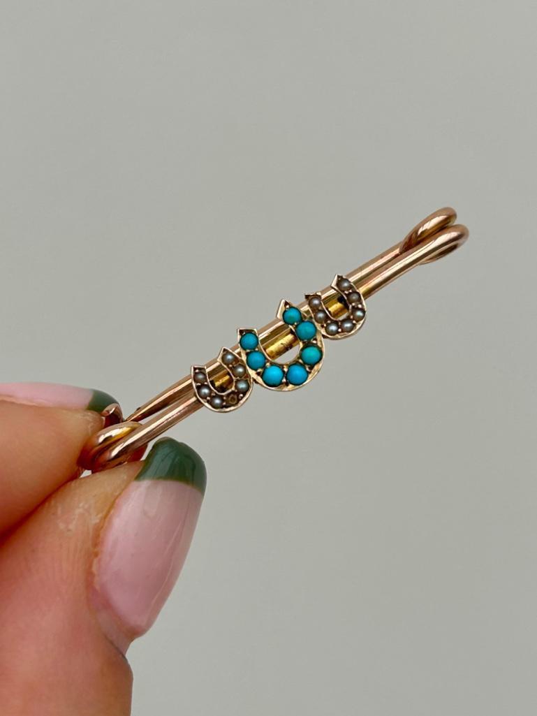 Antique Turquoise and Pearl Gold Safety Pin Triple Horseshoe