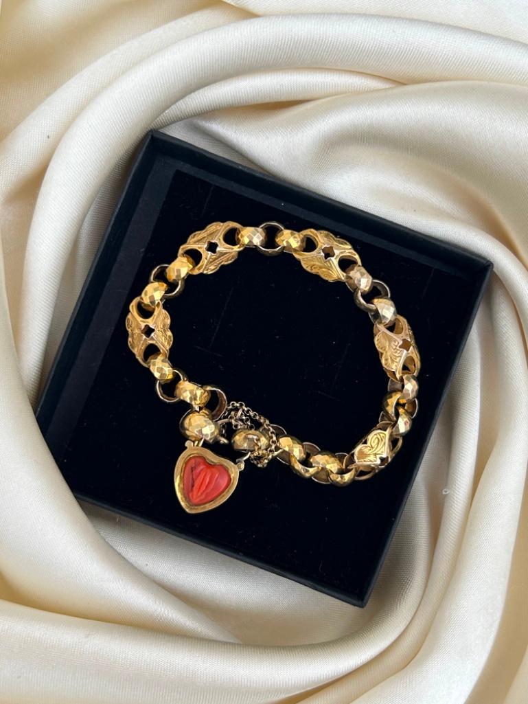 Antique Gold Fancy Link Bracelet with Carved Coral Heart Padlock Fastener - Image 5 of 6