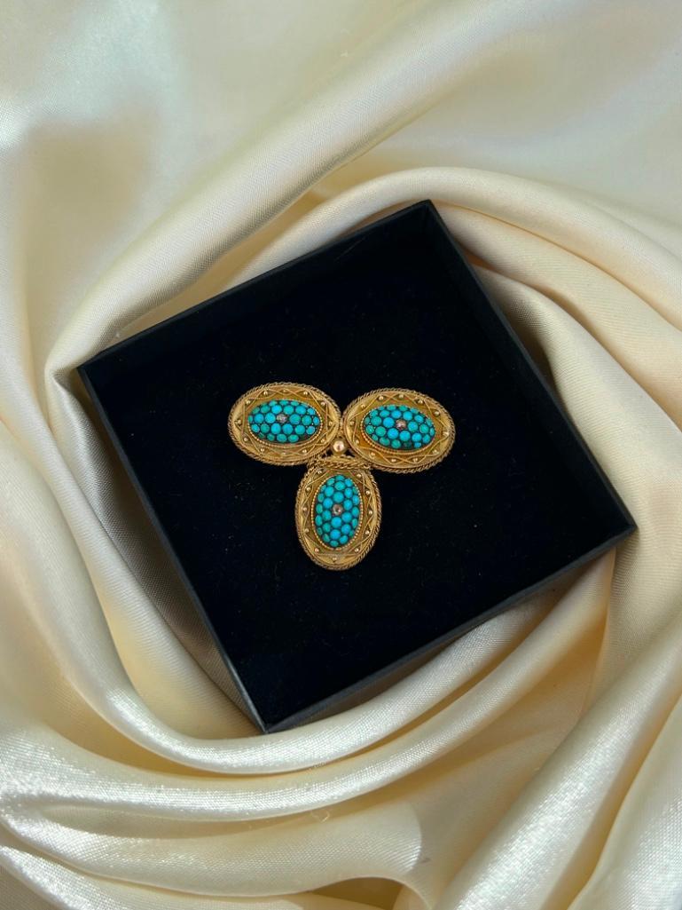 Antique 15ct Gold Turquoise and Diamond Brooch - Image 4 of 4