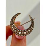 Antique Large Triple Row Diamond & Pearl Gold Crescent Brooch