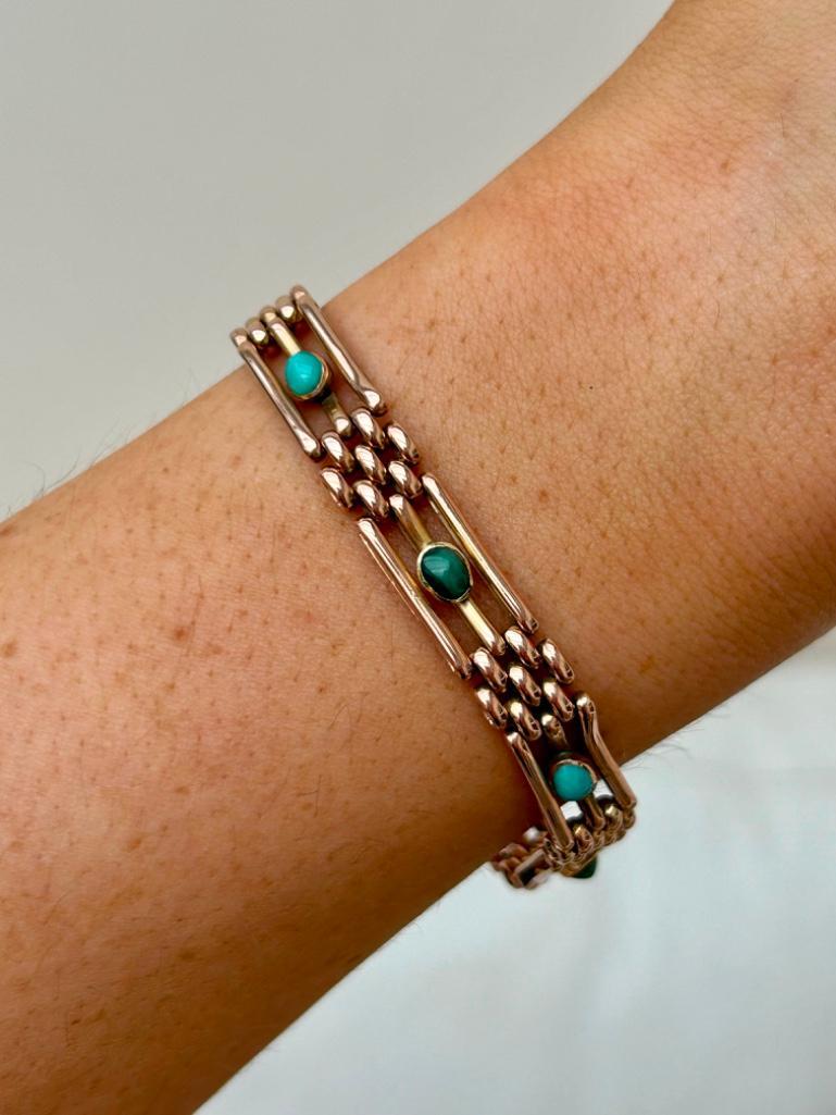 Antique Gold & Turquoise Gate Bracelet with Safety Chain