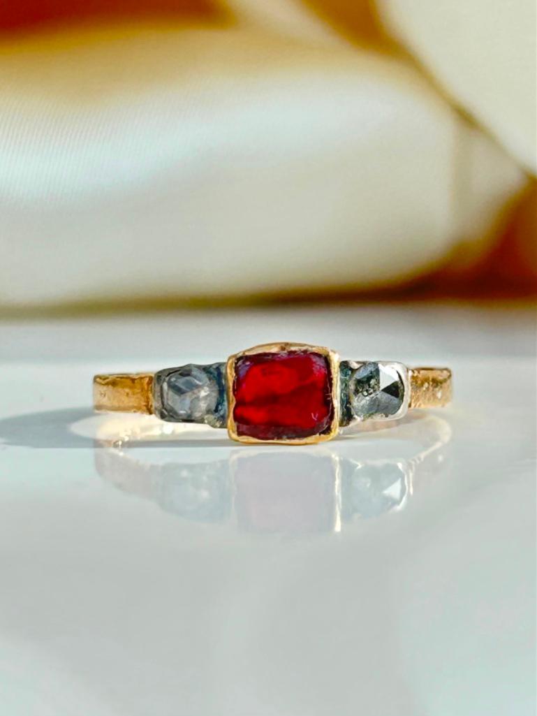 Antique Georgian Era Flat Cut Garnet and Diamond Gold Ring