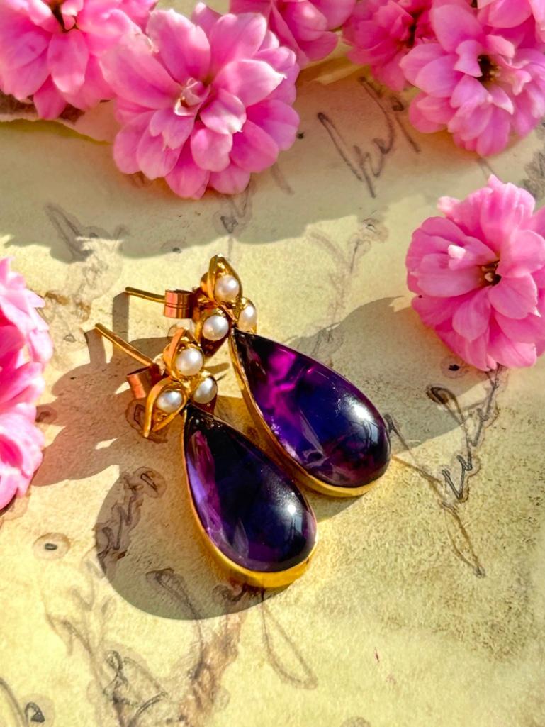 Antique Gold Cabochon Amethyst and Pearl Drop Earrings - Image 3 of 7