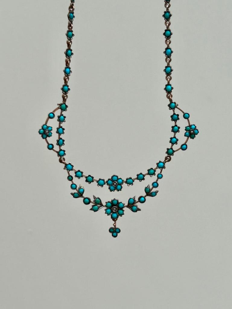 Antique Late Georgian Turquoise and Pearl Gold Necklace - Image 5 of 7