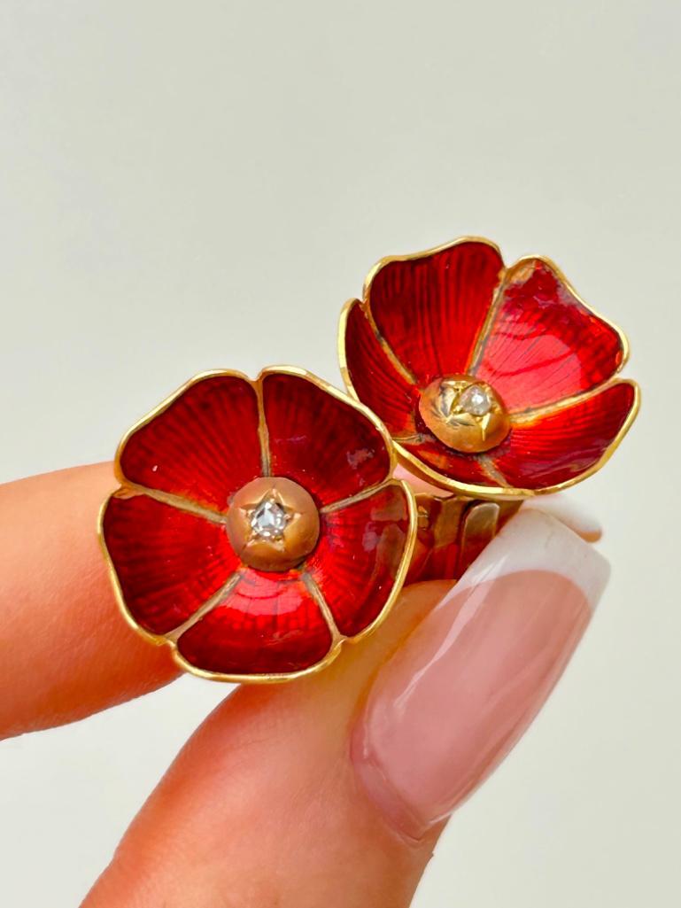 Antique 18ct Yellow Gold Rose Cut Diamond and Enamel Flower Clip Back Earrings - Image 4 of 7