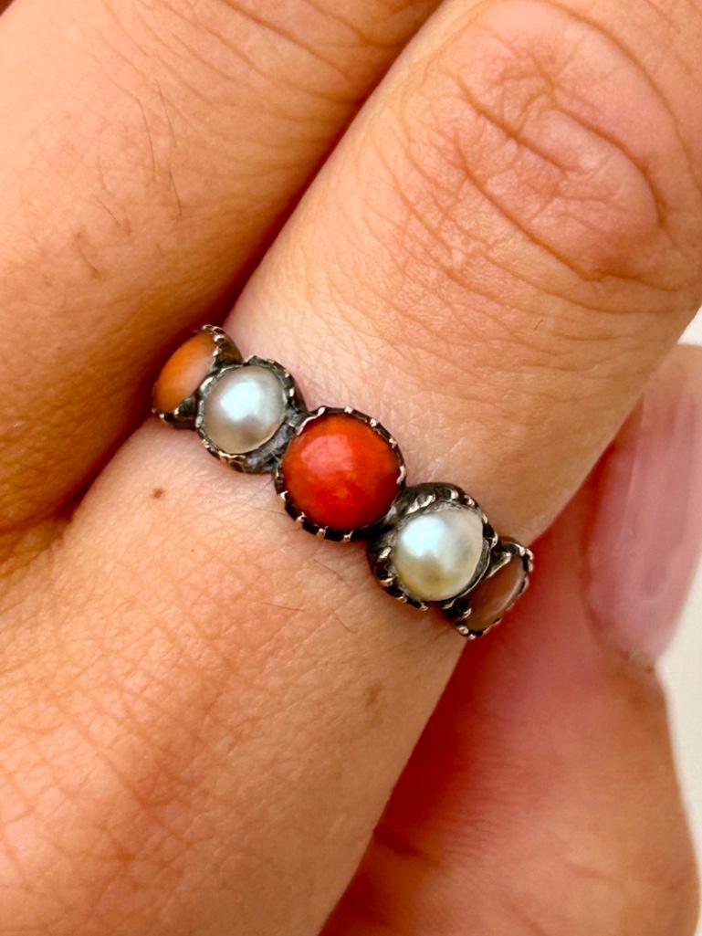 Antique Georgian Era Coral and Pearl Half Hoop Ring in Gold - Image 3 of 7