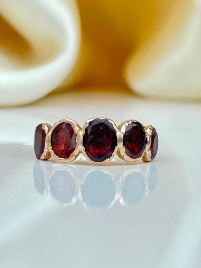 Antique Gold Closed Back Flat Cut Garnet Half Hoop Ring