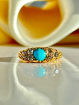 Wonderful Antique 18ct Yellow Gold Turquoise and Diamond Ring