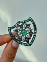 Large Antique Emerald Diamond and Pearl Shield Brooch in Gold