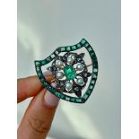 Large Antique Emerald Diamond and Pearl Shield Brooch in Gold