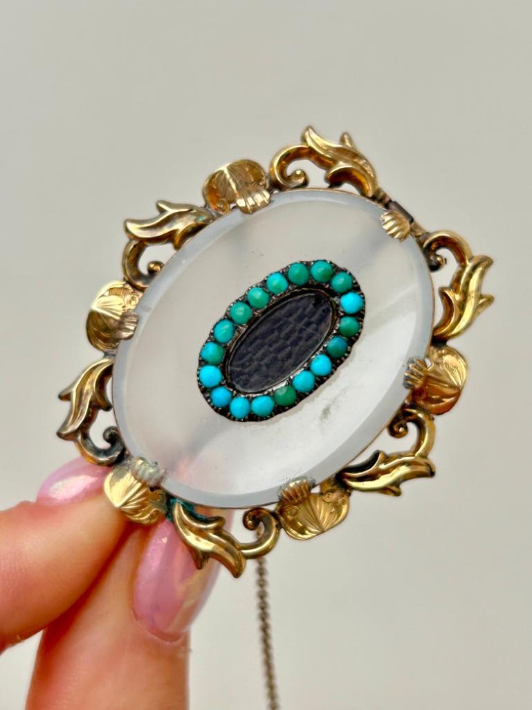 Antique Gold Chalcedony & Turquoise Hair Large Brooch - Image 3 of 5