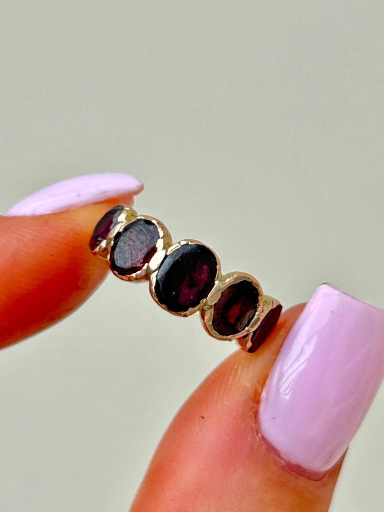 Antique Gold Closed Back Flat Cut Garnet Half Hoop Ring - Image 2 of 6