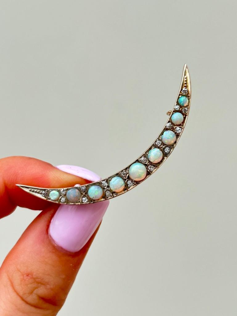 Antique Opal and Diamond Gold Crescent Brooch - Image 2 of 5