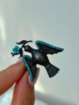 Large Antique Silver Turquoise and Diamond Bird Brooch with Ruby Eyes and Locket Back