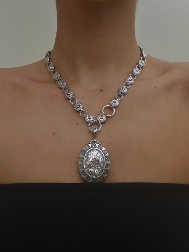 Chunky Antique Silver Collar Necklace with Locket Pendant