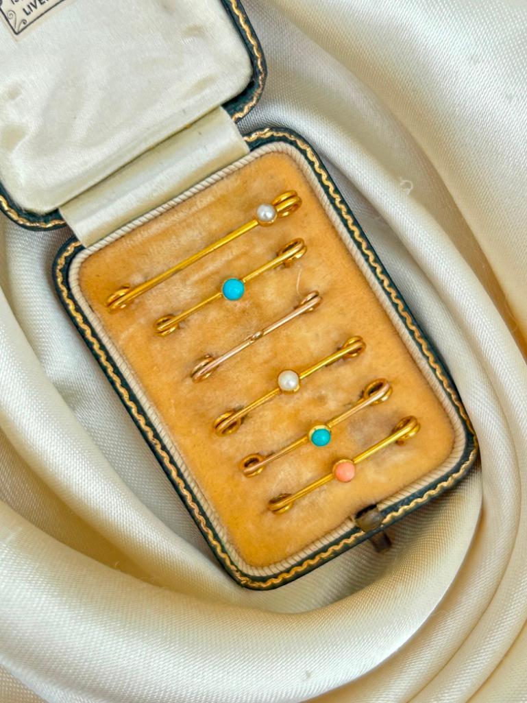 Sweet Antique Boxed Gold Stone Set Boodles and Dunthrope Safety Pin Brooches