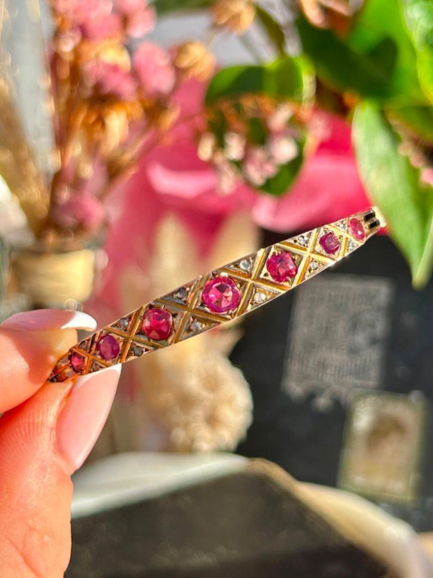 Antique Gold Pink Tourmaline and Diamond Bangle Bracelet - Image 11 of 11